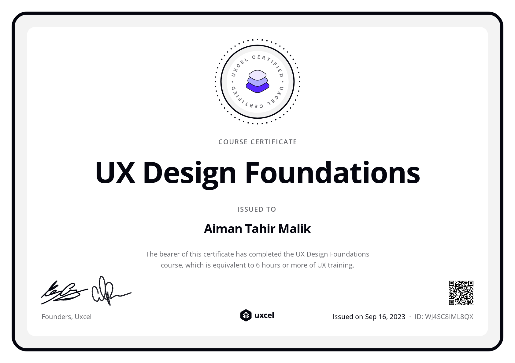 Aiman Tahir Malik's certificate